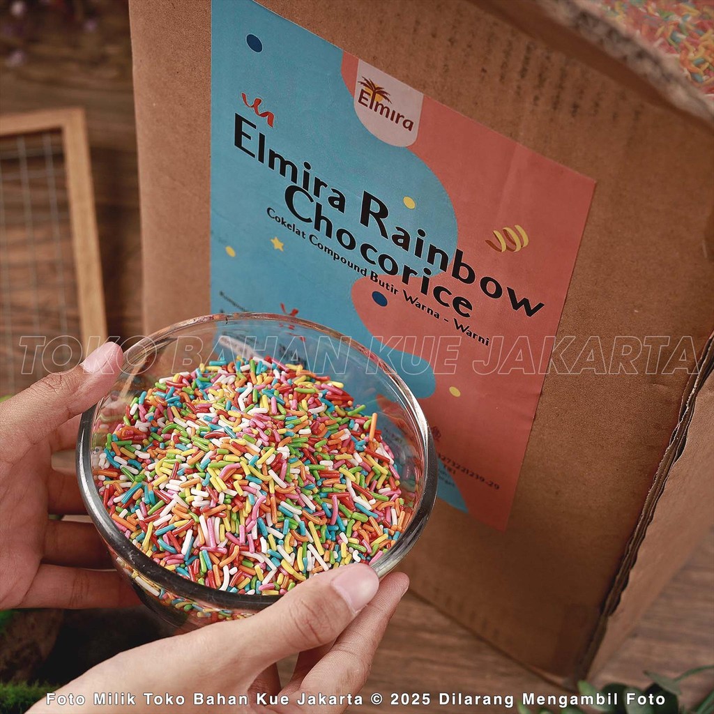 

Elmira Meises Warna-Warni 500gr Chocorice Compound RAINBOW Cokelat Mesis Butir Topping Coklat Premium Bahan Kue Toko Bahan Kue Jakarta Chocolate Meses Pelangi Elmira