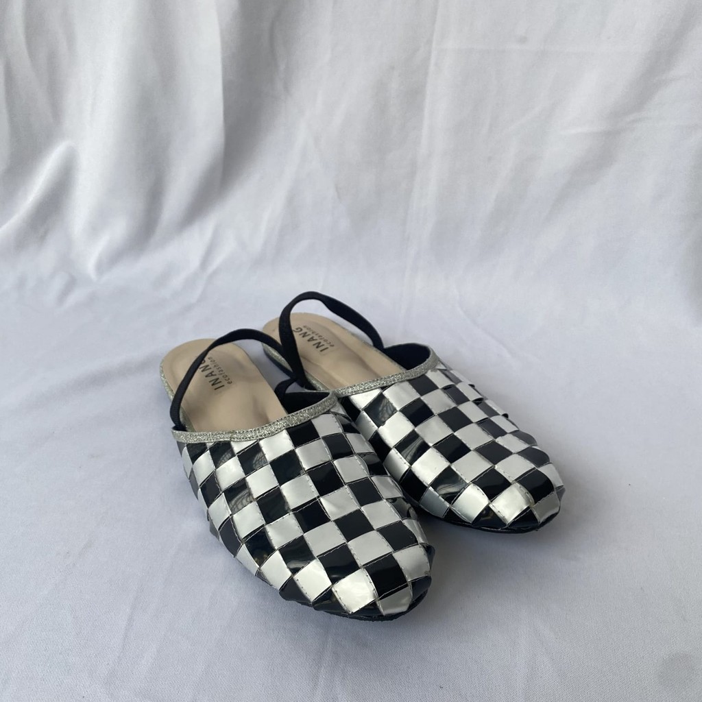 Flat Shoes with Strap BW  - House Of Inang - Sepatu Sandal Upcycle / Flat Shoes / Sendal Daur Ulang 