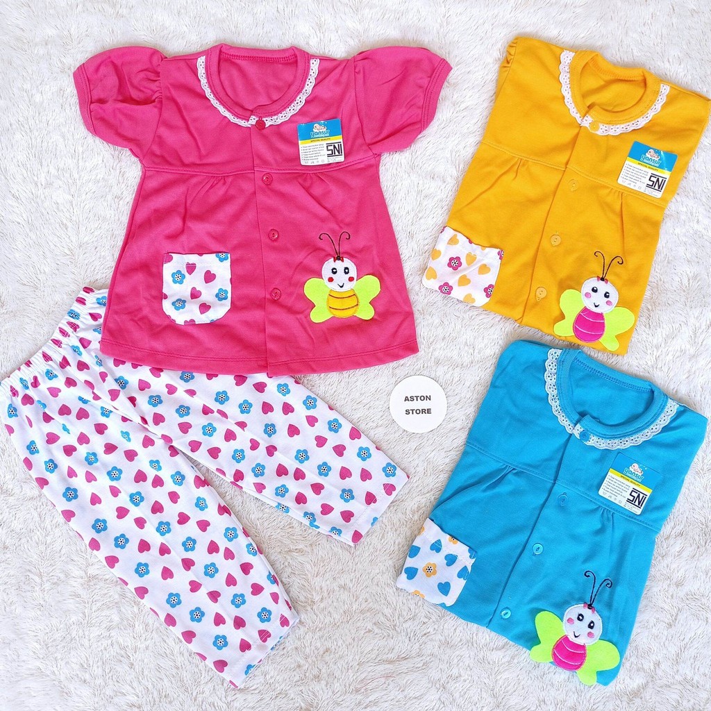 Setelan Baju Tidur Bayi Perempuan Lengan Pendek Celana Panjang Kancing Depan 3-18 Bulan Motif Kupu /