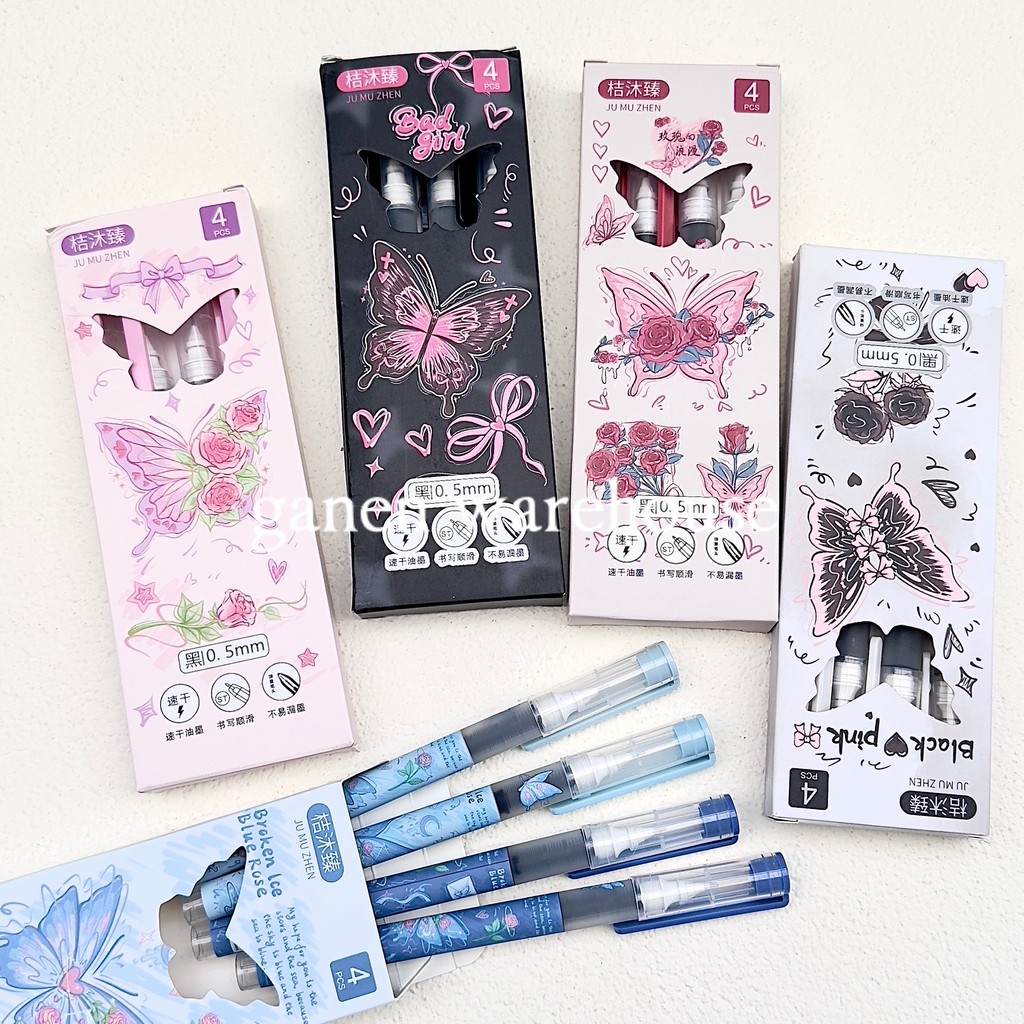 

[GW] Butterfly Pena Cair Isi 4 Tinta Hitam Pulpen Motif