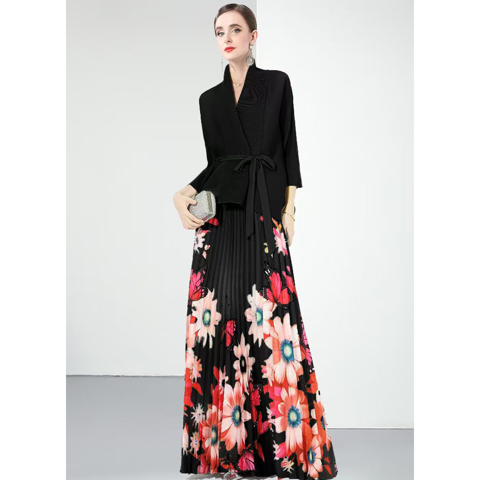 Miyake pleated bat-sleeved lace-up short jacket + fashionable printed pleated skirt