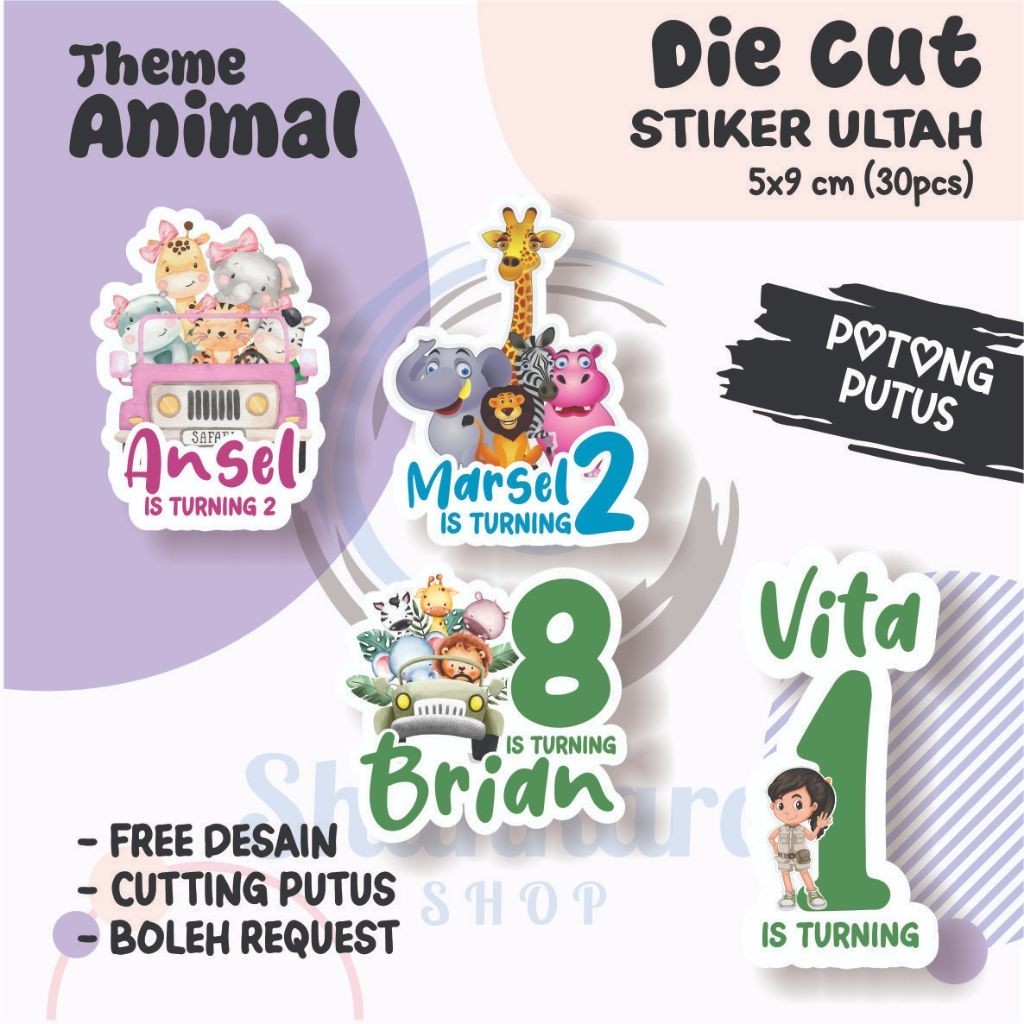

( 30 PCS ) Stiker Ulang Tahun Anak THEME ANIMAL / Stiker Ulang Tahun DIE CUT / Stiker Ulang Tahun Custom / Stiker Ultah Waterproff