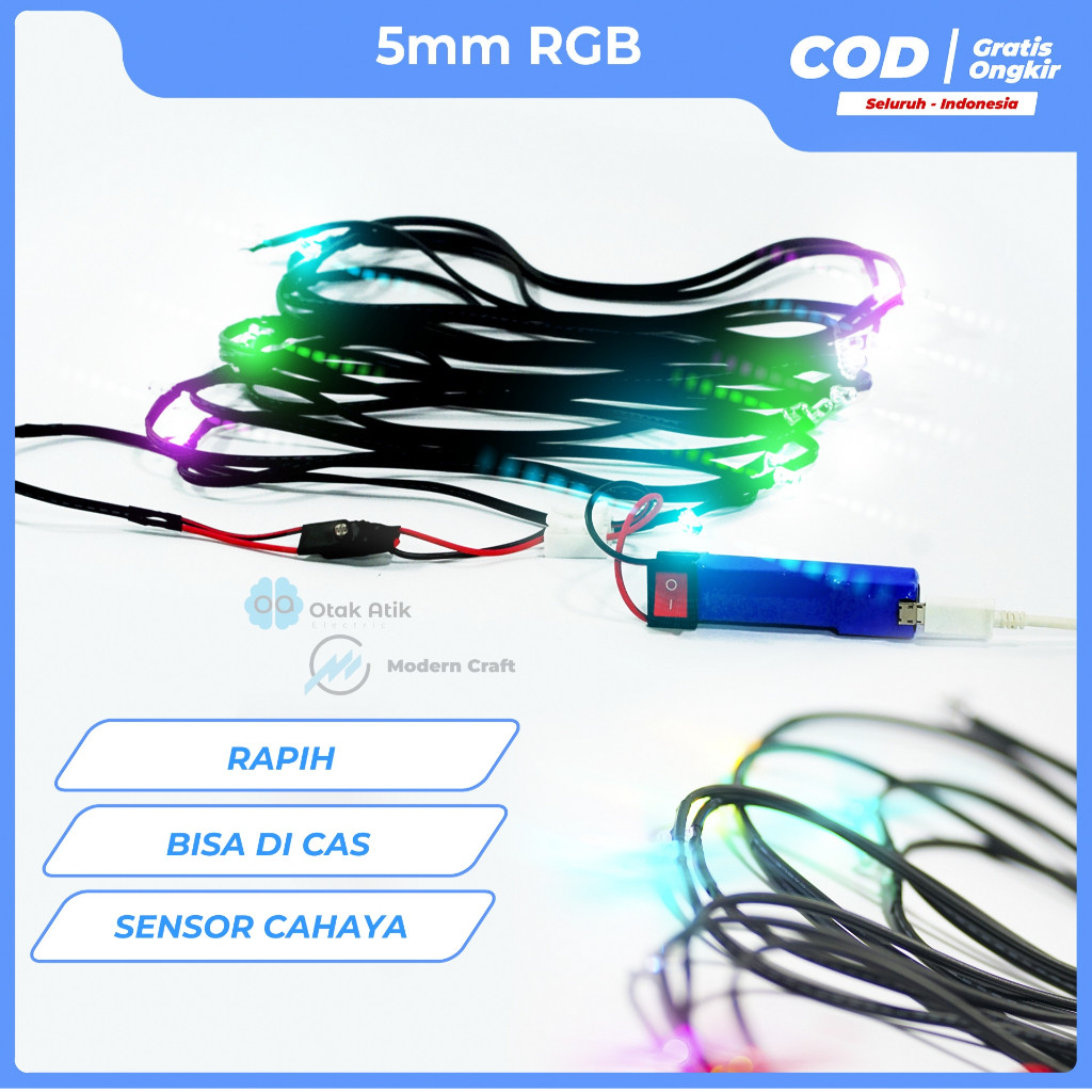 Promo Lampu layang-layangan 5mm RGB baterai cas sensor cahaya [panjang 1meter-5meter]-OtakAtik_Elect