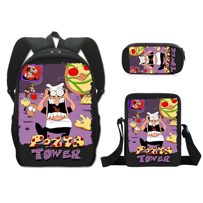 

Pizza Tower School Bag Polyester Backpack Single layer Pen Bag Small Body Bag Three Piece Package For girl Boy Birthday Gifts