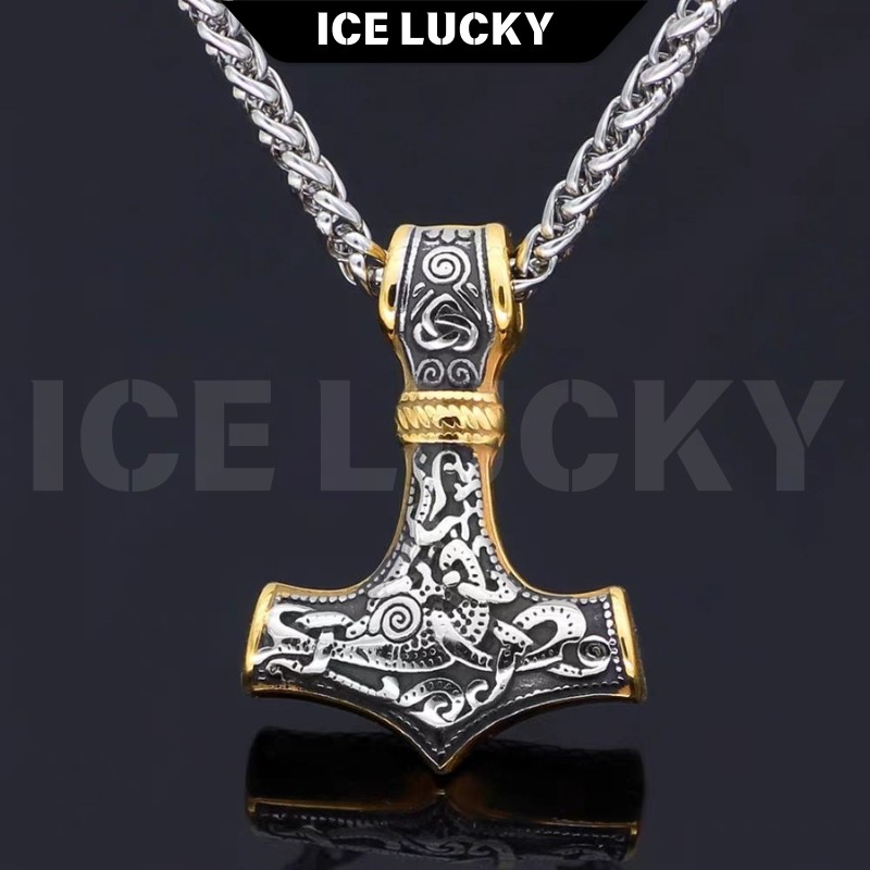 1302 Kalung Titanium Pria "Thor's Hammer" - Gaya Vintage Eropa & Amerika (Original Design - Anti Kar