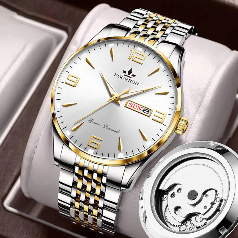 

Jam Tangan Pria Tahan Air Kalender Ganda Dial Stud Stainless Steel Otomatis Penuh Non-Mekanis Fashion Keren Hitam Jam Tangan Bisnis