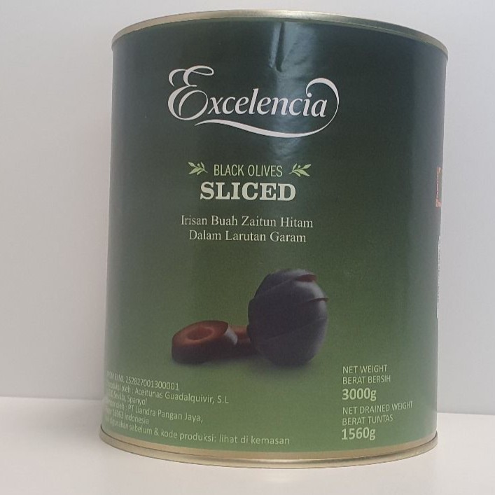 

Black Pitted Slice Olive Excelencia / Buah Olive Hitam Iris Excelencia - 3 Kg