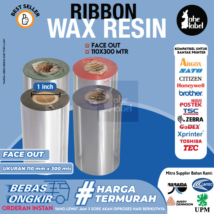 RIBBON BARCODE 110X300 MTR RIBBON 110X300M WAX RESIN FACE OUT