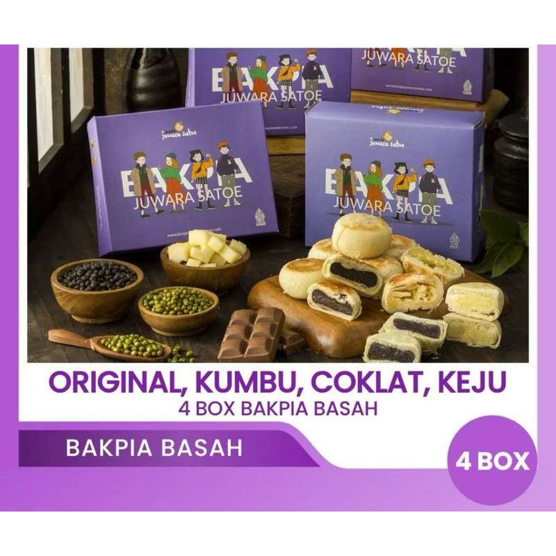 

Bakpia Basah Juwara [4 BOX] - Paket mix (ORIGINAL,KUMBU,COKLAT,KEJU)