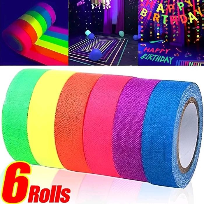 

Solasi Isolasi Kain UV Warna Nyala / Lakban Fostor Pita Cahaya Tape Stiker Glow In The Dark - 6 Roll Campur