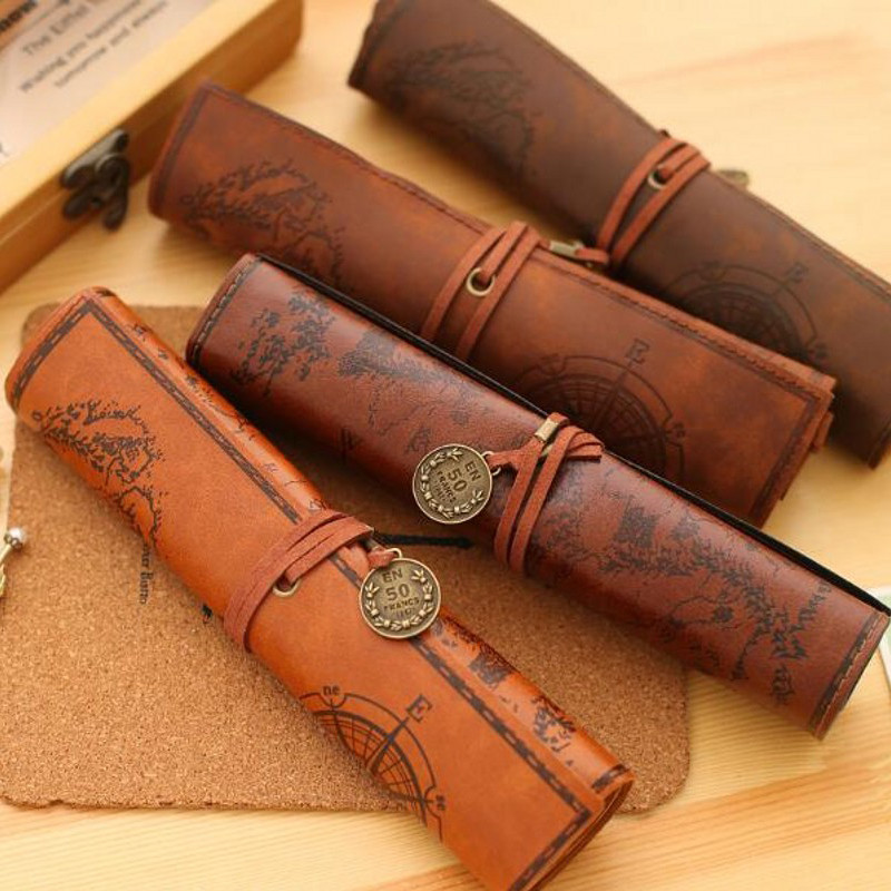 

Treasure Map Leather PU Retro Boy Girl Pencil Bag Cosmetic Bag Roll Pen Bag For Student Gifts Stationery Brush Makeup Supplies