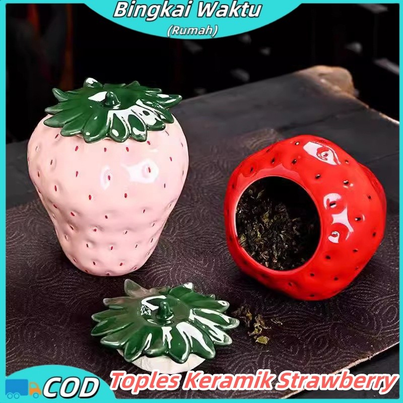 Toples Keramik Strawberry / Toples Penyimpanan / Toples Permen / Wadah Penyimpanan Anti Lembab / Tem