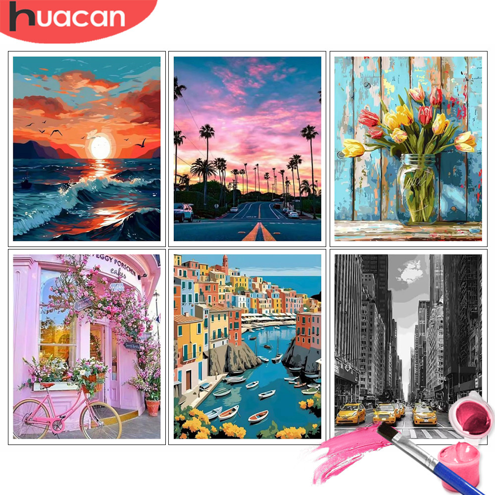 

Painting By Number Kits Coastal Village Scene Painting Mediterranean Harbor Digital Oil Painting Coloring Artcraft Handpaint