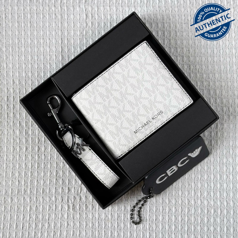 (READY) MK Logo Wallet and Key Chain Bright White Gift Set Fullset Box