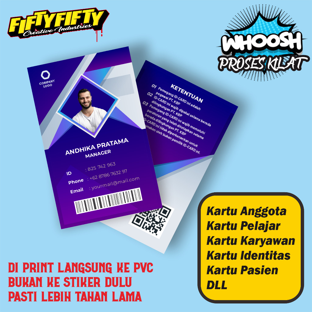 

Cetak ID Card Bahan PVC Termurah, ID Karyawan, Kartu Anggota / Pelajar / Mahasiswa