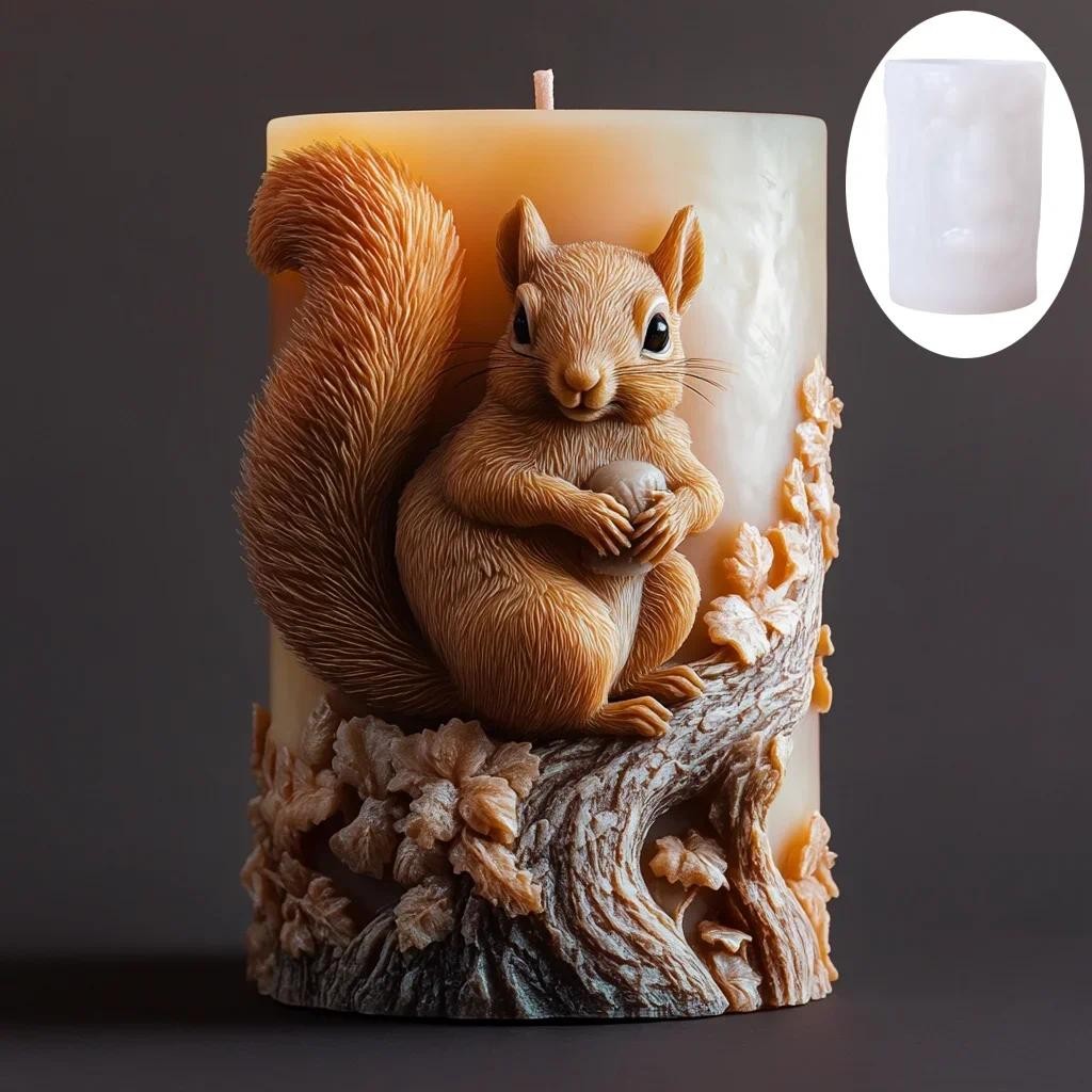 

3D Squirrel Relief Cylinder Candle Silicone Mold Eating Pine Squirrel Relief Resin Mould Rabbit penguin Cement Gypsum Molds
