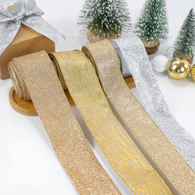 

5M Christmas Ribbon Golden Silver Champagne Polyester Gliter Ribbon DIY Xmas Tree Bow Gifts Packing Navidad New Year Home Decor