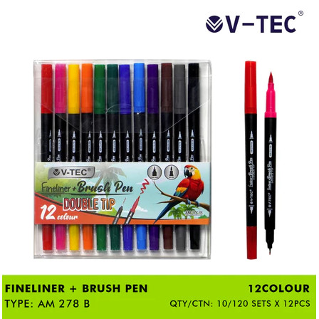 

V-TEC FINELINER + BRUSH PEN AM 278 FB ISI 12 WARNA PCS