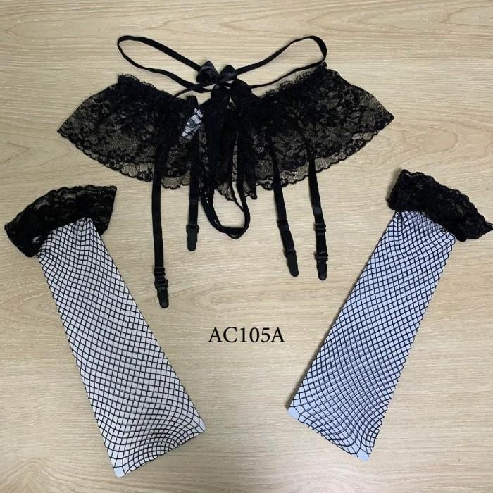 Aksesories Premium Lingerie Set Garter Belt Stocking Renda Lace Hitam AC105A