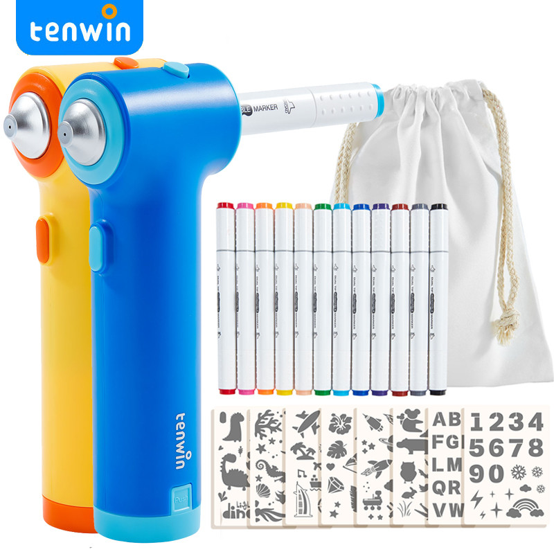 

Tenwin Marker Electrical Airbrush for Kids Drawing DIY Art Sprayable Watercolor marker pen air brush with Painting Template