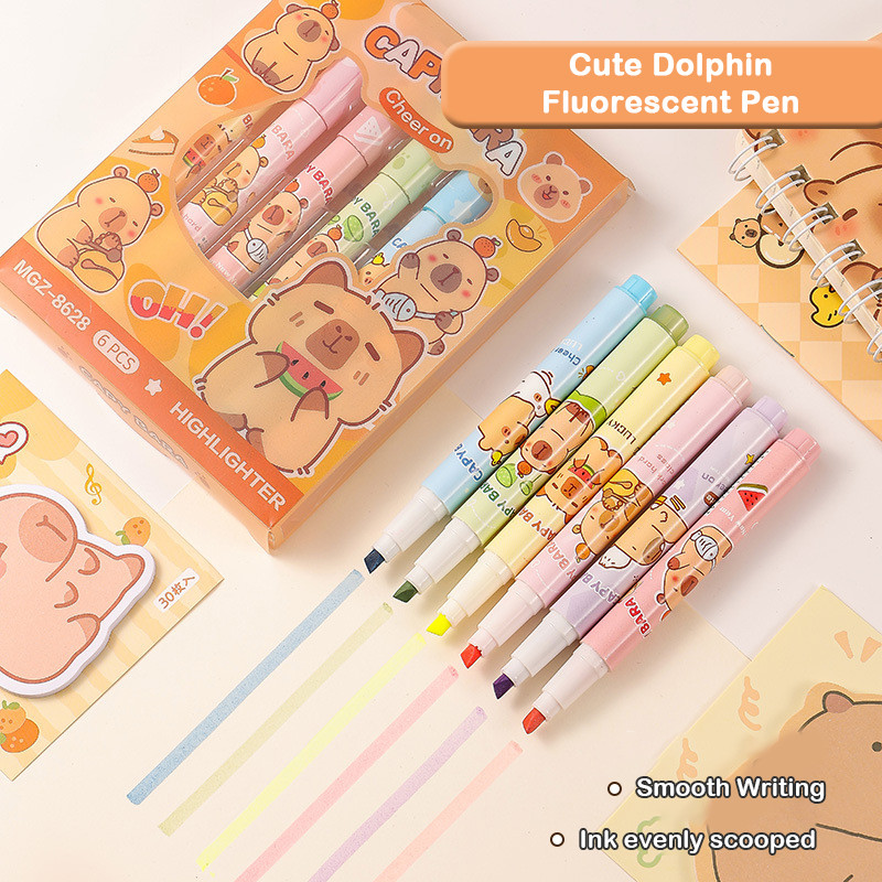 

6Pcs/set Cartoon Capybara Highlighter Set Cute Hand Account Pen Marking Pen Student Stationery Office Supplies Gifts
