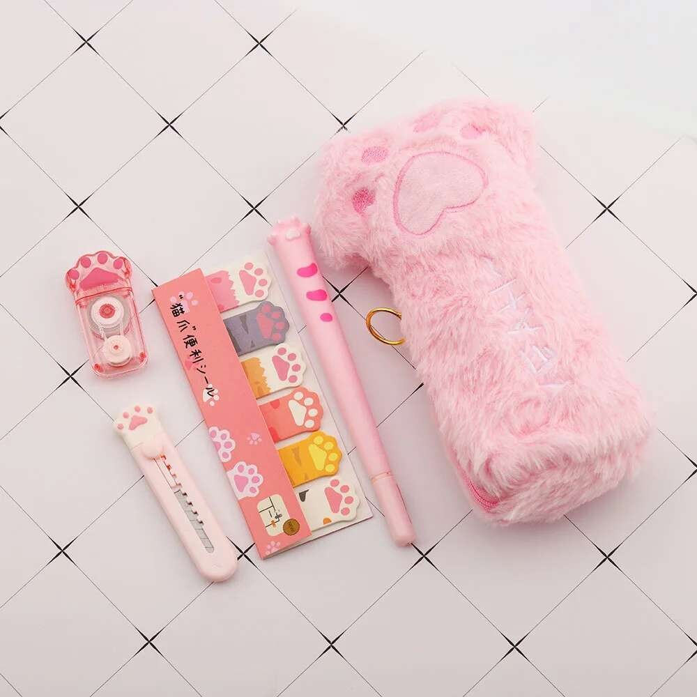 

Lytwtw's Cute Pink Pencil Case Gel Pen Correction Tape Memo Pad Cat Claw Stationery School Office Supplies 1 Set 5 Pieces
