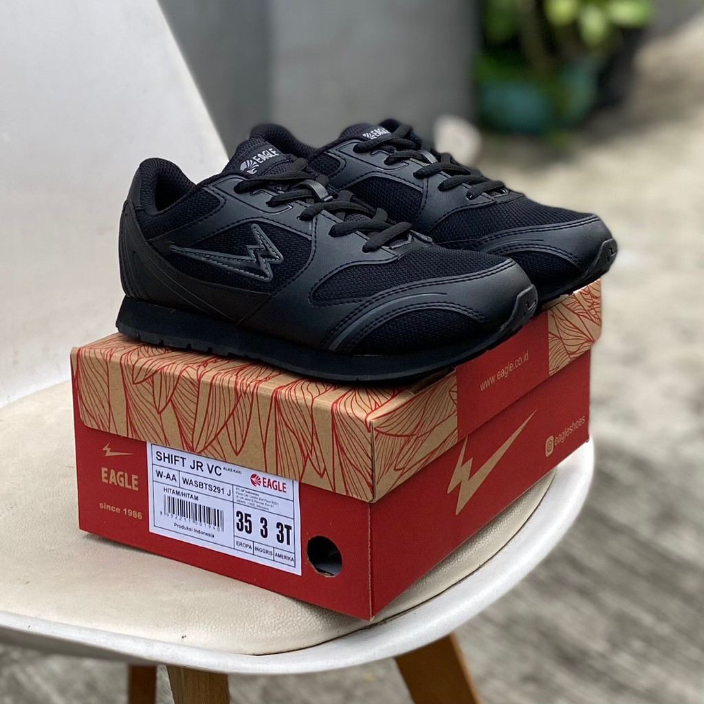 JONSTORE Sepatu sekolah anak hitam sepatu eagle shift jr lc sepatu sekolah anak tali hitam polos