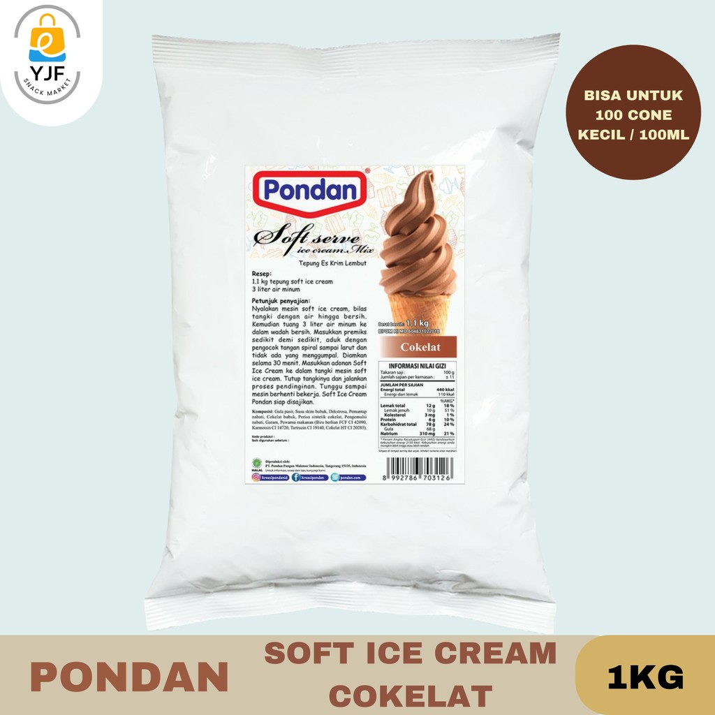 Pondan Soft Serve Ice Cream 1Kg Powder Eskrim Rasa Cokelat / Pondan Premix Es Krim Cone Coklat