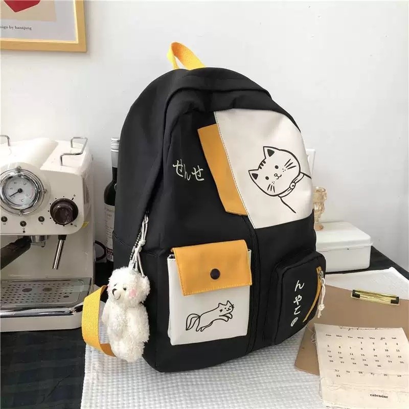 Men's Cute Cat School Bag Boys' Simple Casual School Bag Girl's Cute School Bag Japanese Korean Cute