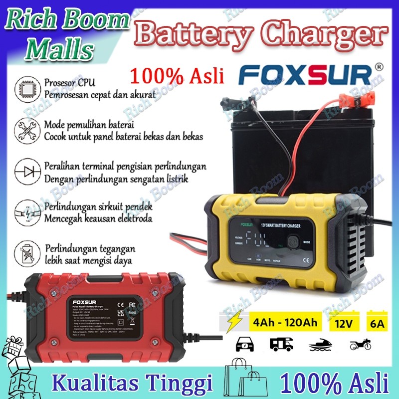 Foxsur Charger Aki Mobil Automatic Charger aki motor Charger aki portable 12V6A Charger aki Charger 