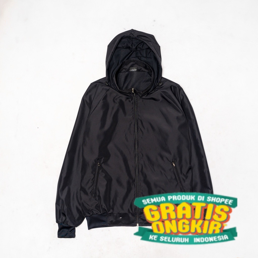 Jaket Parasut Windrunner Olahraga Polos Hitam Pria Wanita/ Pink Merah Ungu