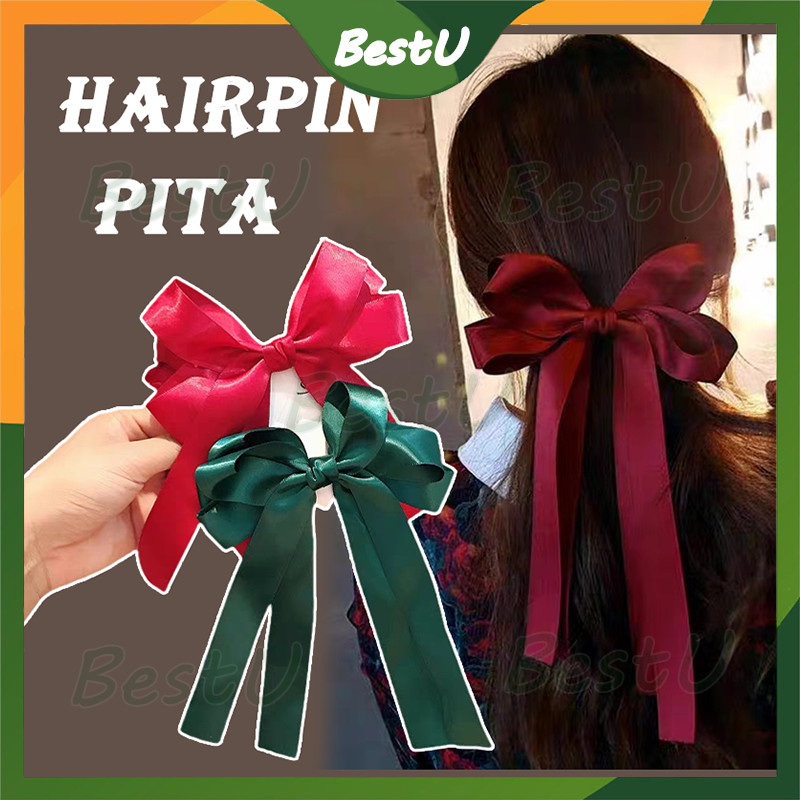 Jepit Pita Korea Panjang Bow Tail/jepitan rambut pita motif glitter panjang korea/Jepit Pita Satin F