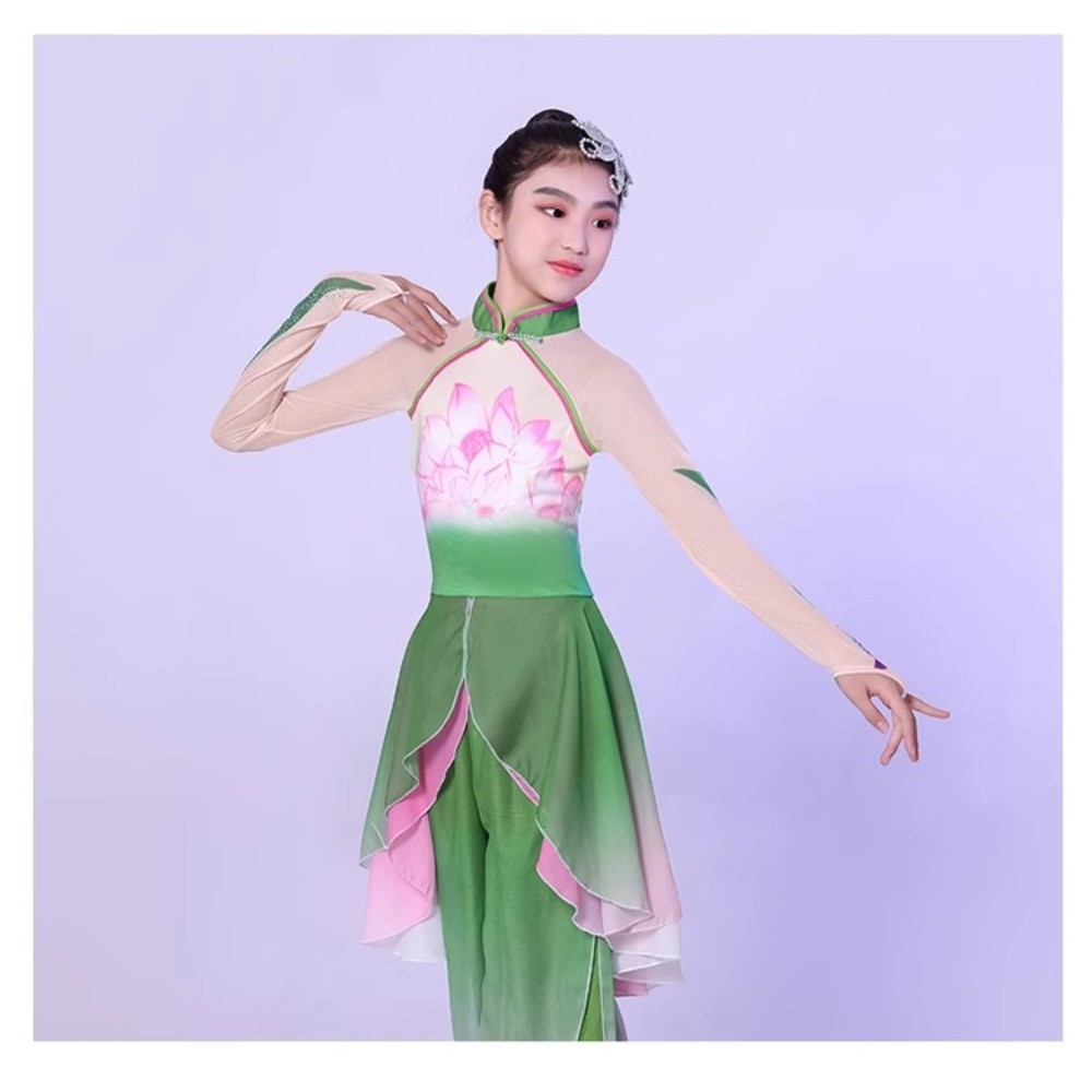 Children's classical dance costumeYangko dance fan umbrella  performance costume lotus Chinese folk 