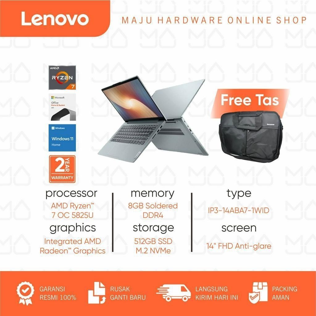 Laptop Lenovo IdeaPad IP3-14ABA7-1XID AMD Ryzen 7 5825U Grey Garansi Resmi