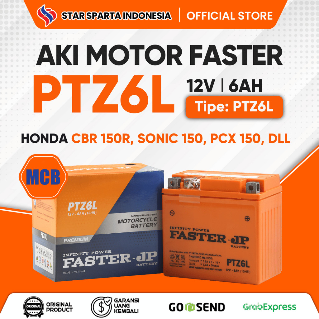 Faster JP - Aki PTZ6L 12V 6Ah untuk Honda CBR 150R, Sonic 150, PCX 150