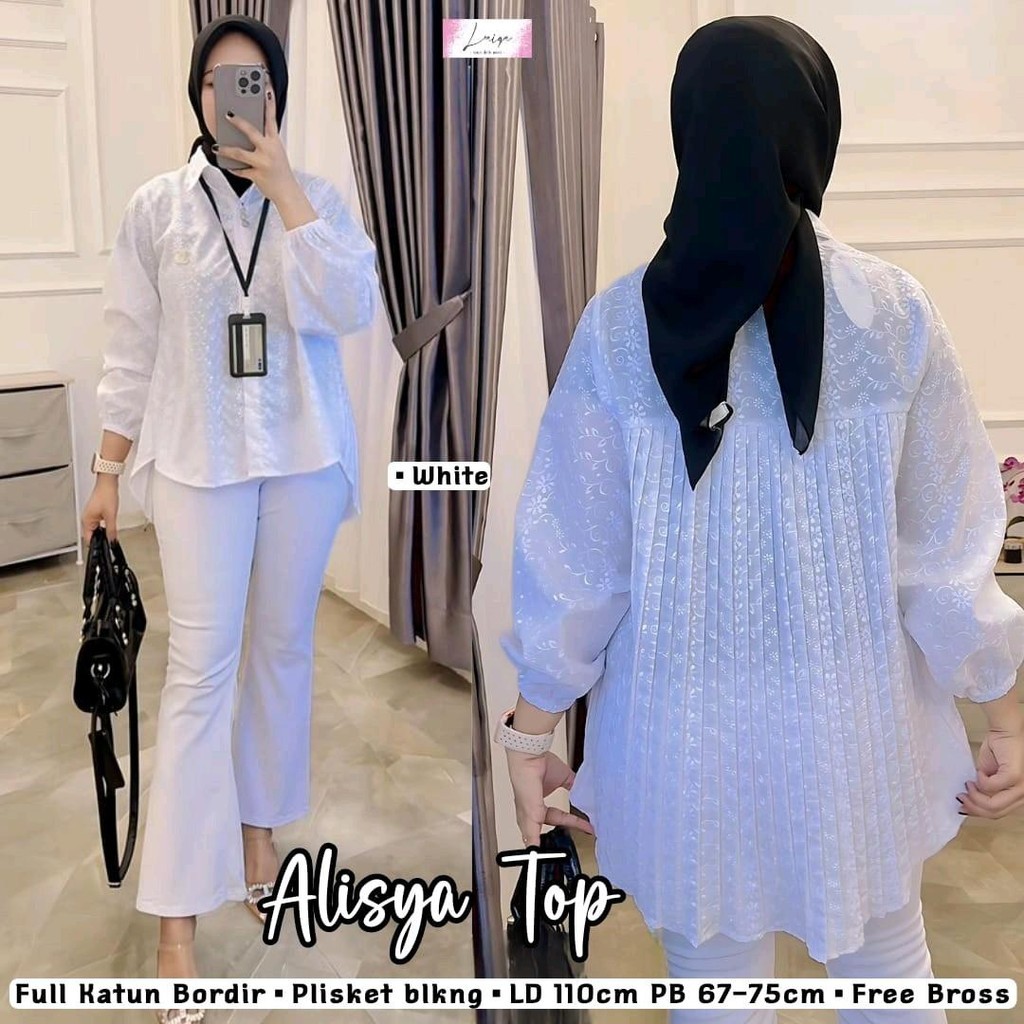 Alisya Kemeja Blouse Putih Bordir Plisket Busui Full Kancing