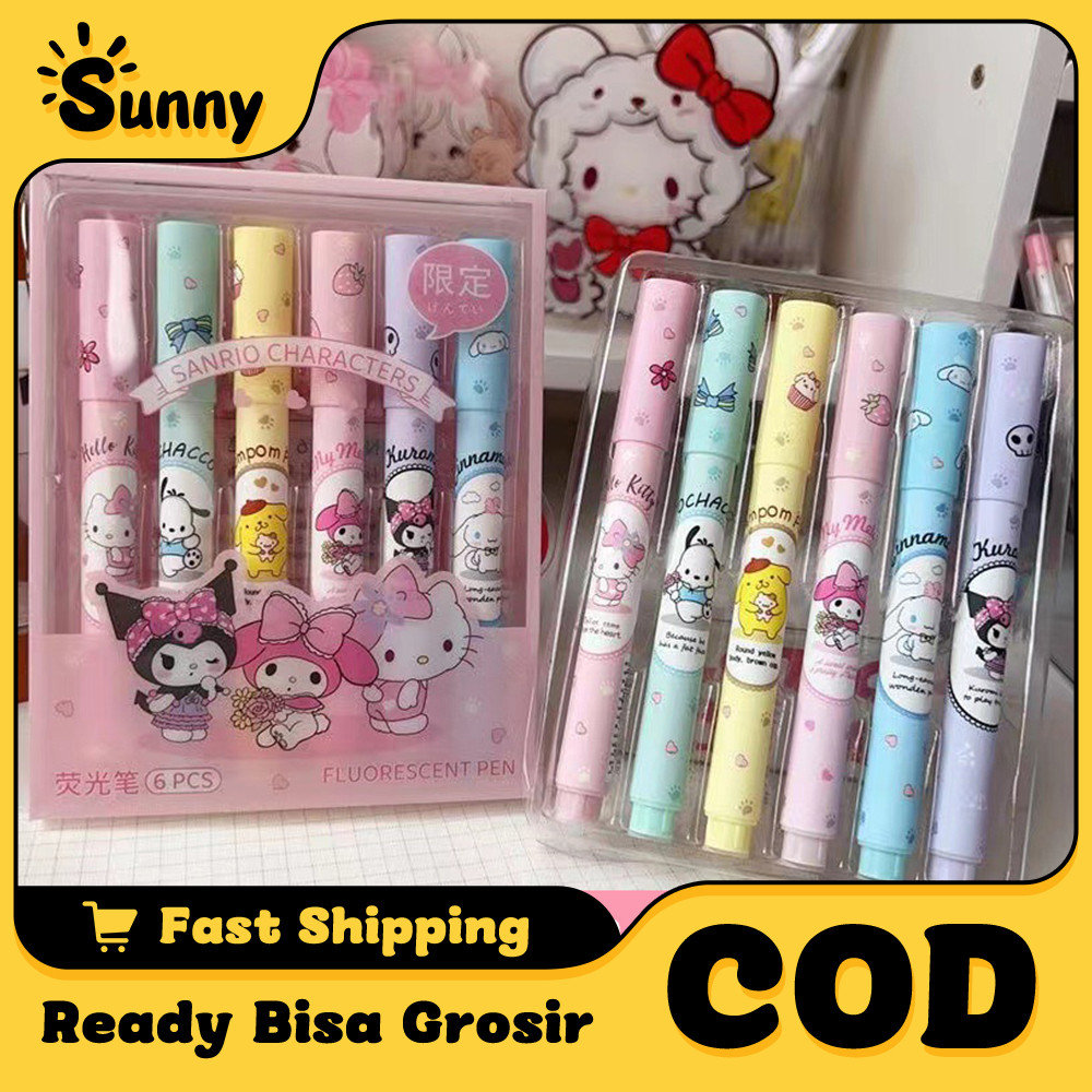 

6Pcs Stabilo Lucu Sanrio Spidol Multifungsi Alat Tulis Siswa Penyorot Berwarna-warni
