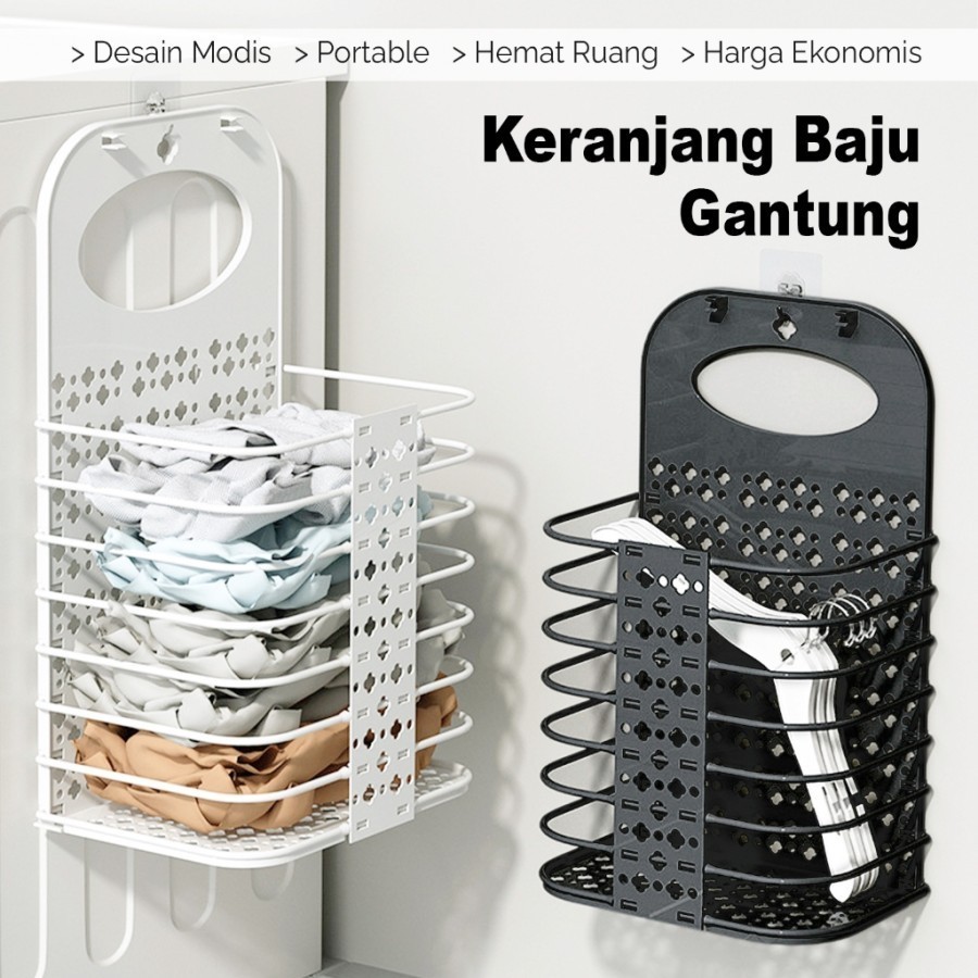 Rak Keranjang Laundry Gantung Dinding Bisa Lipat Tempat Baju Pakaian Kotor Cucian Laundry Serbaguna 