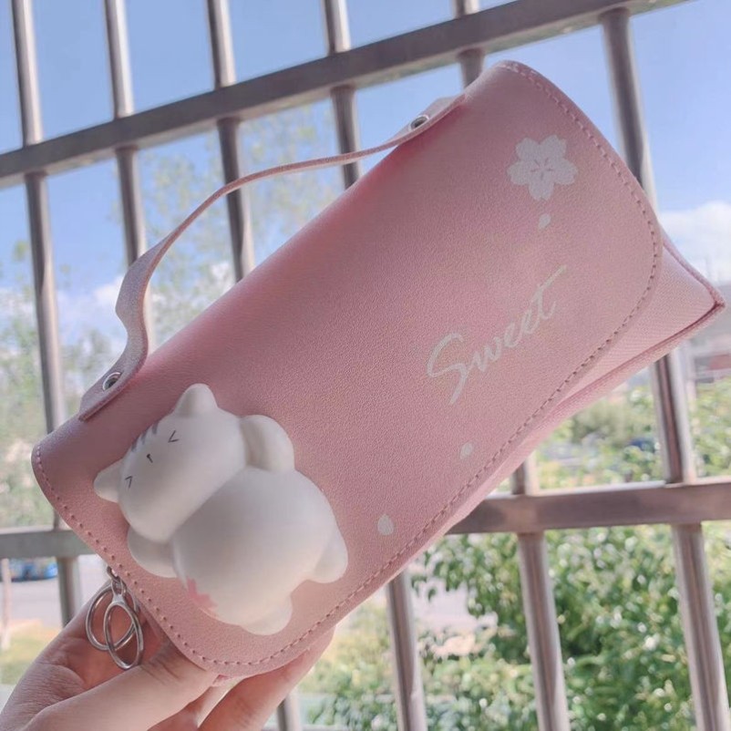 

Cute Rabbit Pencil Bag PU Leather Pink Handle Pen Cases Erasers Holder Pouch Kawaii School Girl Stationery Storage 3D Pendant IG