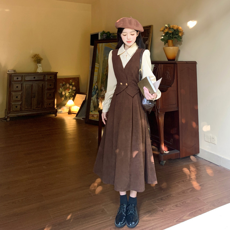 COD kuning-coklat Preppy Style Dress Corduroy French Midi Dress/Bridgerton dress/French suit/rok/