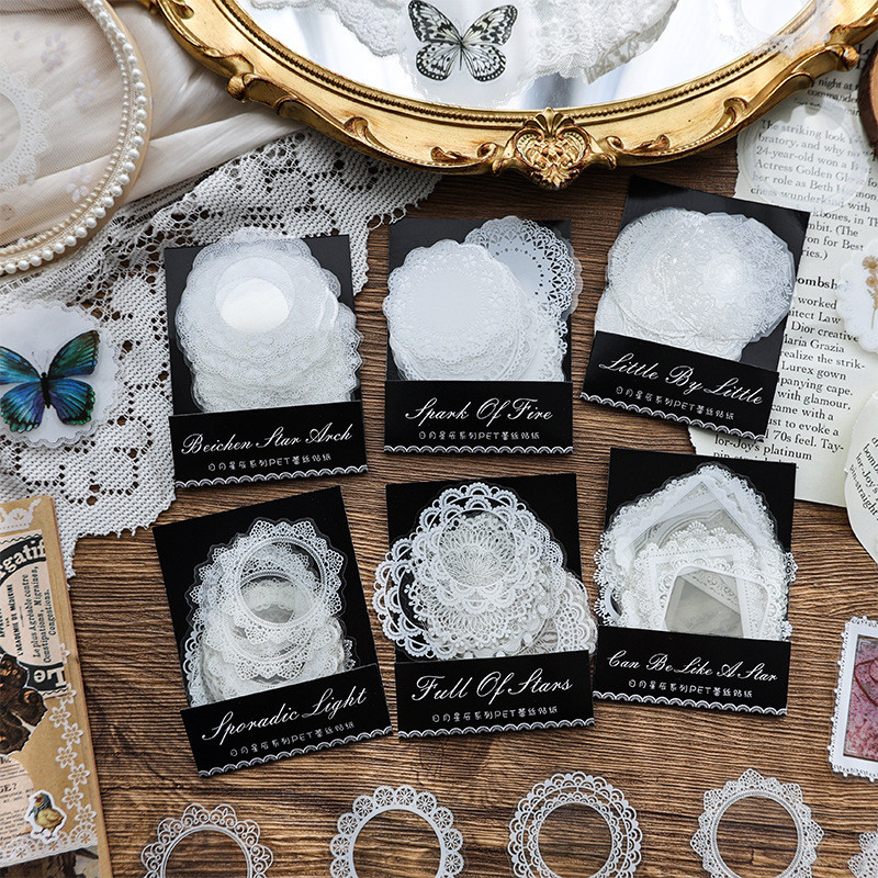 

30 pcs set jurnal sticker pet transparan waterproof lace stiker retro lace transparan doily vintage jurnal scrapbook aesthetic