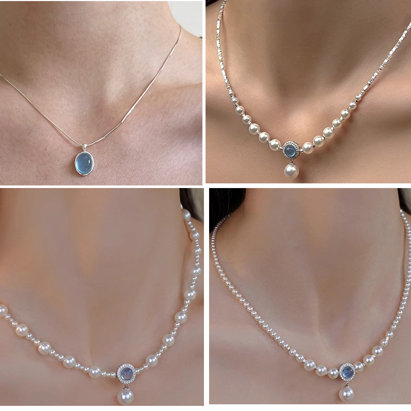 Aquamarine Pearl Necklace Broken Silver Aquamarine Pearl Necklace High-end Simple Party Banquet Jewe