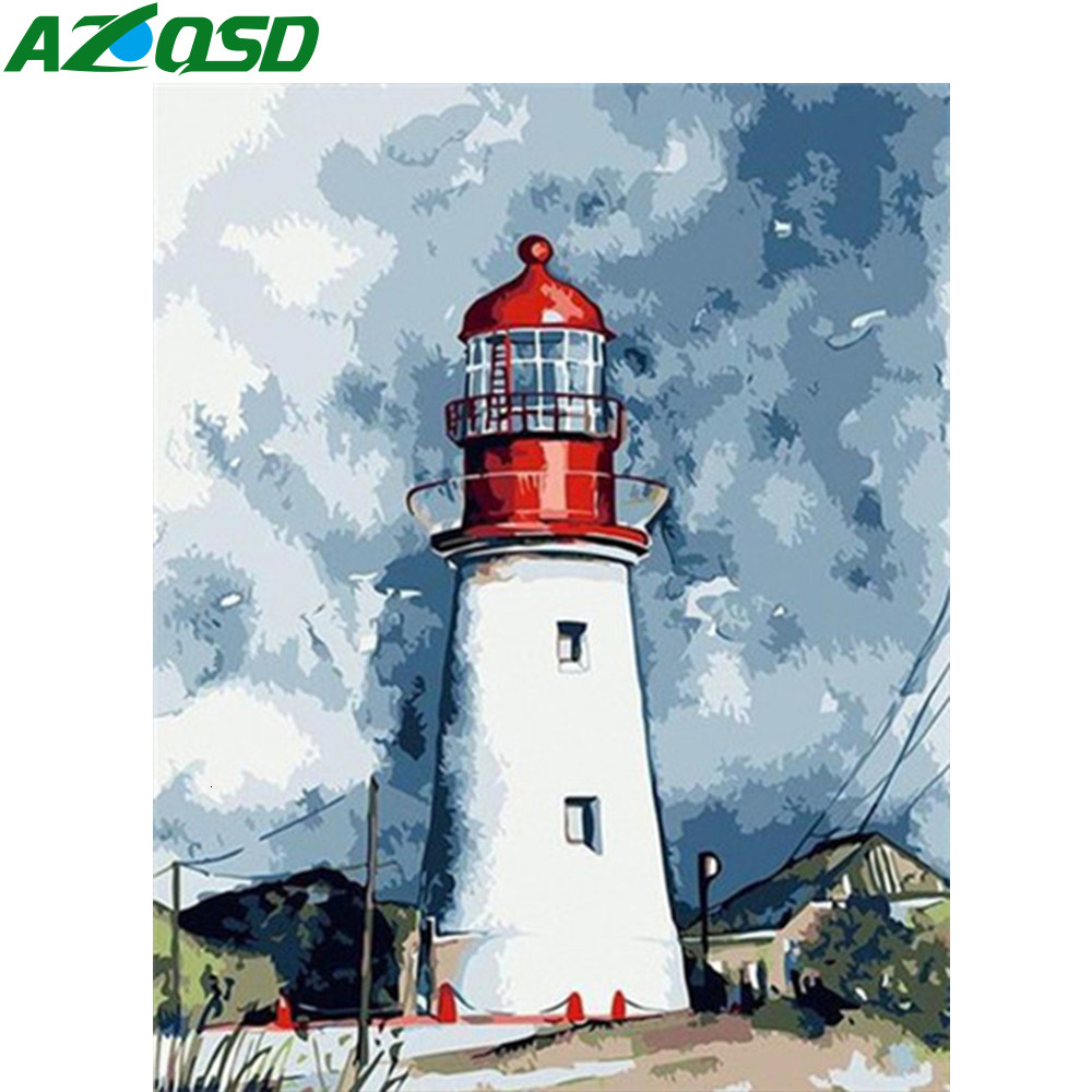 

AZQSD 40X50cm Paint By Number Canvas Painting Kits Lighthouse DIY Needlework Acrylic Oil Paint By Number Scenery Home Decoration