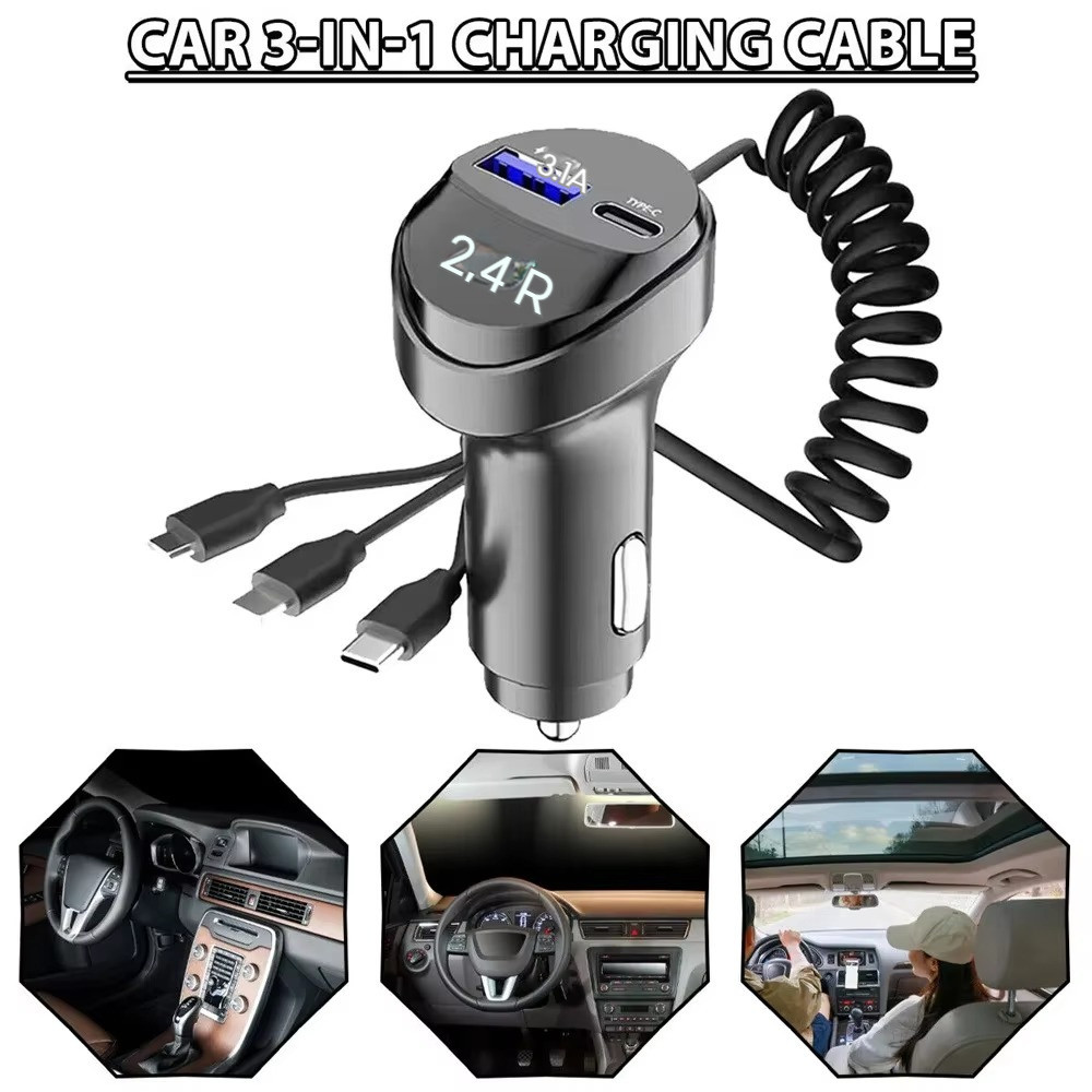 Phone Charger Car Charger LED Digital Display 3 in 1 Cable with USB +type-c Port 1.3A Dual Port