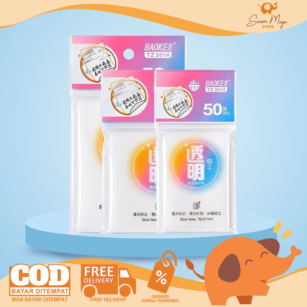 

BAOKE Transparent Memo Sticky Notes - Tempel Transparan 50 Lembar TZ3102 / TZ3103 / TZ3104 Murah