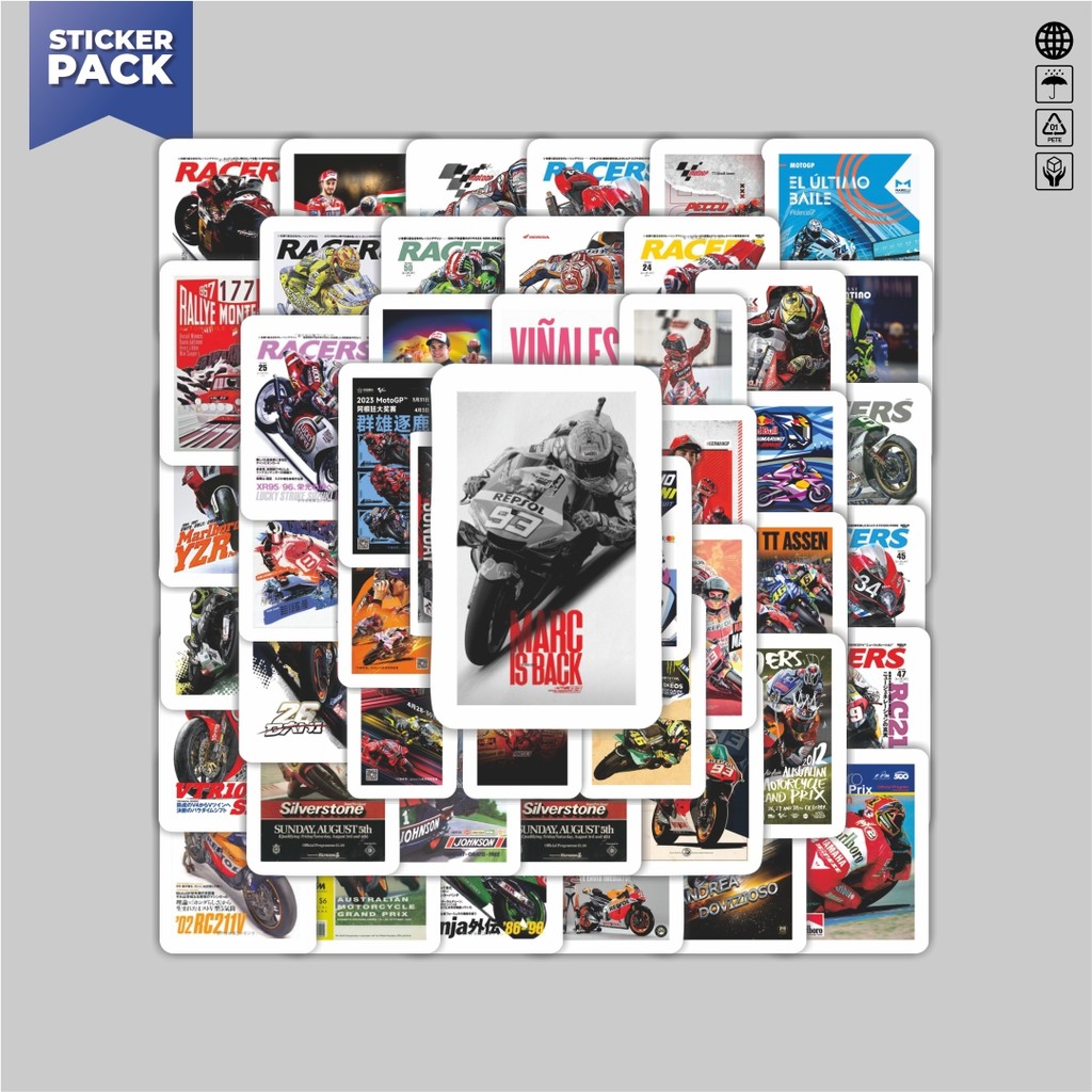 

[100PCS]Stiker Pack Stiker Motor GP Aesthetic Vinyl Anti Air Dekorasi Sticker Laptop Buku Journal Koper Helm Casing HP Gitar Helm Skateboard