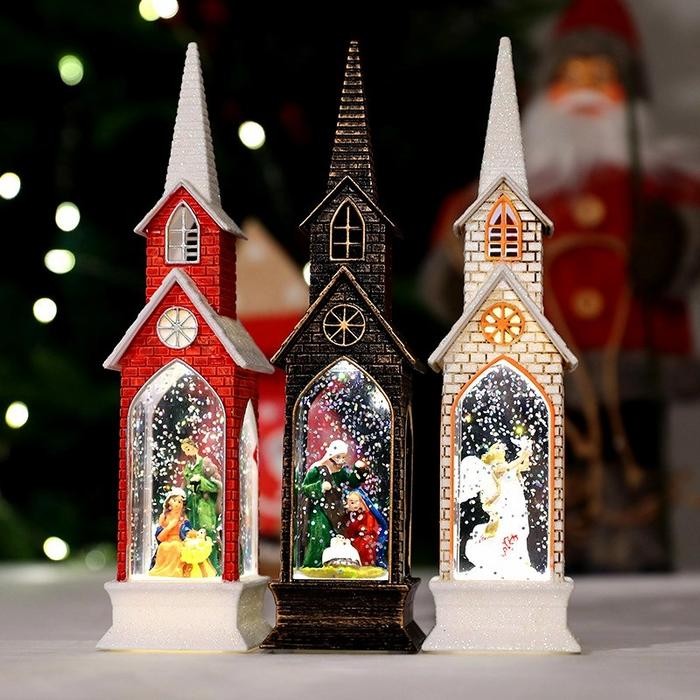 Pajangan Lentera LED Snowglobe Salju Gereja Katedral Natal PREMIUM