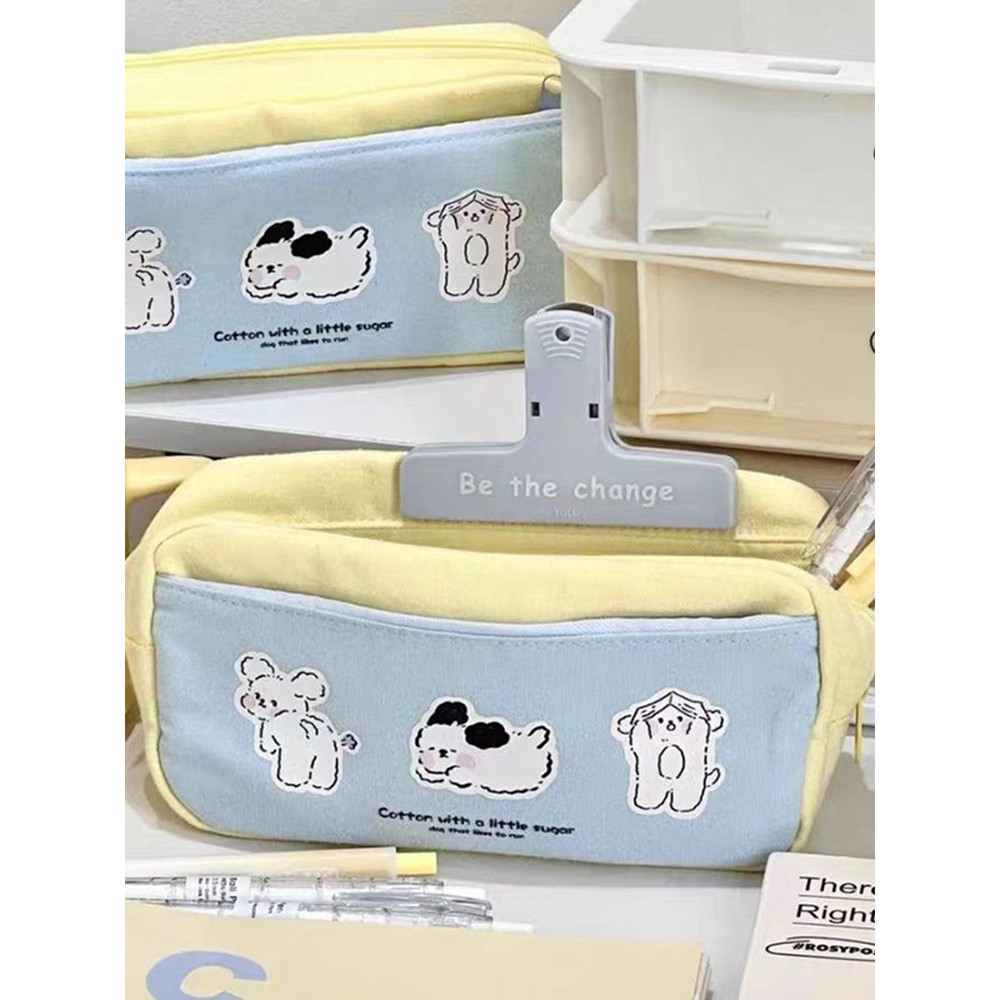 

Ins Cute Cream Yellow Blue Cartoon Three Puppy Pencil Case Large Capacity Stationery Storage Bag Back To School Supplies