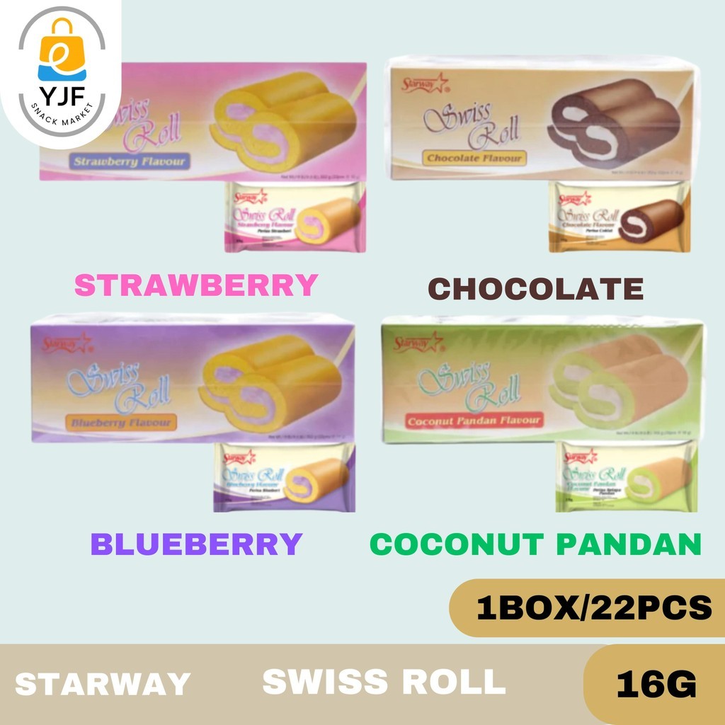 

Starway Swiss Roll 16g 1BOX 22pcs / Chocolate / Coconut Pandan / Strawberry / Blueberry / Kue / Cemilan