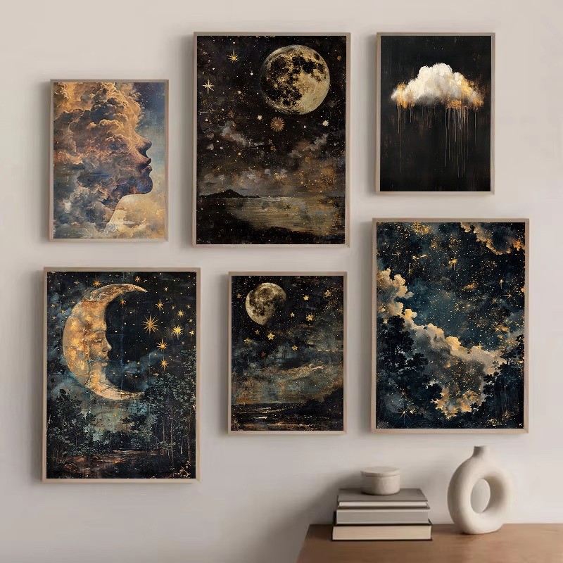 

Vintage Landscape Antique Celestial Moon Cloud Poster Canvas Printing Moody Wall Art Picture Dark Academia Living Room Decor